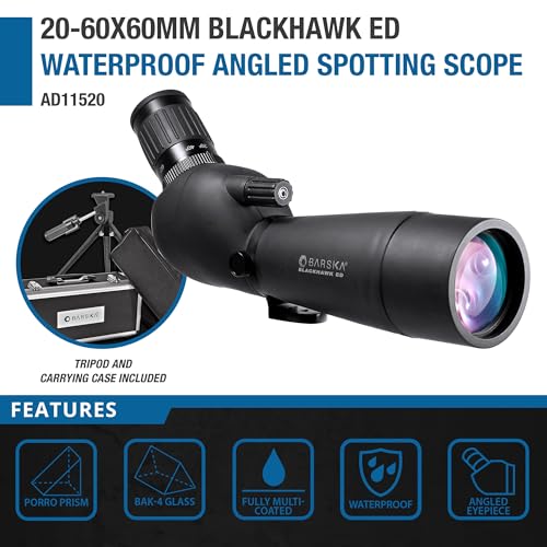 Barska Blackhawk ED 20-60x60 Spotting Scope with Tripod and Case, Extra-Low Dispersion Glass, Fully Multi-Coated, Waterproof and Fogproof - style: Angled