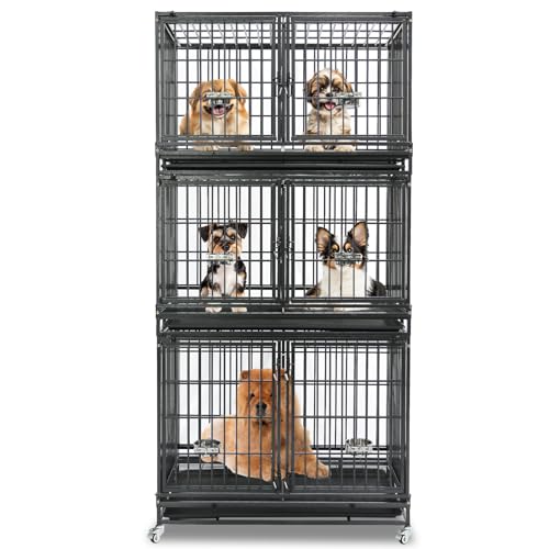 Homey Pet Taller 43 Inch Three Tiers Dog Crate Cage Kennel with Divider | Commercial Modular Dog Kennel with Dual Front Doors, Divider, Auto Locks, Removable Tray, Bowls for Small and Medium Dogs - size: 42.5"L x 28.0"W x 88.0"H