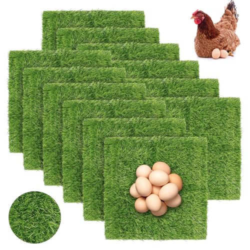 12 Pack Chicken Nesting Box Pads - 12"x12"x1" Washable Artificial Grass Liners for Chicken Coop, Laying Hens, Pet Garden (Indoor/Outdoor Use) (12)