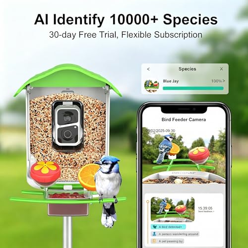 birdsnap® PAV Bird Feeder with Camera Solar Powered 2K Live Video 64GB Card | AI Bird Species Identification, Instant Arrival Alerts, IP65 Waterproof, Wild Bird Feeders for Outdoors, Gift for Bird Lovers - color: Green