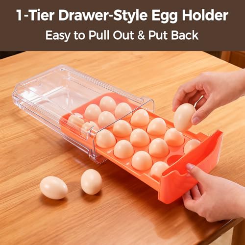 Egg-Holder for Fridge, Fits Small to Large Eggs, Orange | 18 Egg-Storage for Refrigerator Countertop, 1 Tier Dispenser with Drawer, Stackable Clear Egg Tray Container - size: 1 Tier-Orange