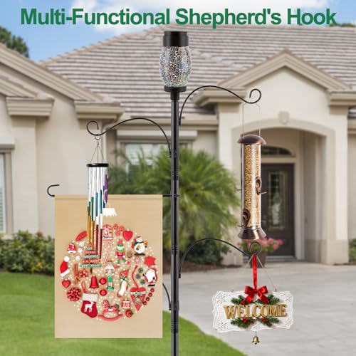 Camii Solar Shepherds Hooks for Outdoors, 80" Bird Feeder Pole with Light, Flag Holder, 5 Prongs Base, Garden Flag Holder for Hook Bird Feeder, Plant Baskets, Lantern