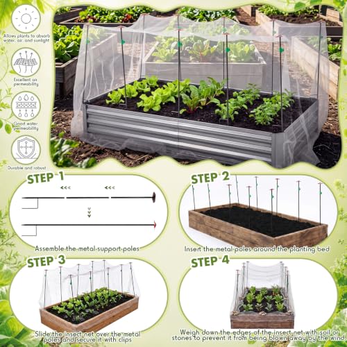Metal Garden Netting Kit, 10 Pack 2.6ft Raised Bed Net Support Stakes with 10"x20" Fine Mesh Insect Netting 16 Pcs Clips Insect Row Cover for Raised Beds Protect Vegetable Row