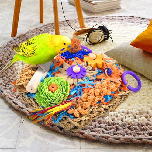 Bird Toys, Bird Foraging Hanging Climbing Toys for Small-Medium Parrot | Natural Grass Mat Bird Toy Satisfies Foraging & Chewing; Hanging Design Fits Cage - style: Flower decor