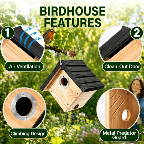Hanging Wren Bird Houses for Outside,Wren House Bird Nesting Box with Ventilated Holes,1-1/8''Entrance Hole Durable Pine,Bird Houses for Outdoors Shelter in Backyard Garden Patio,black-1pc - color: black-1pc