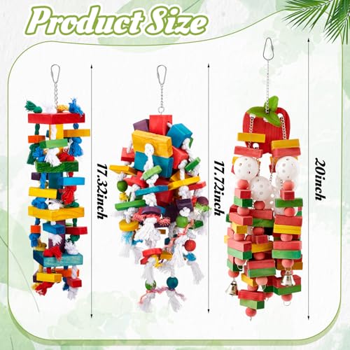 Seenelling 3 Pcs Extra Large Bird Toys for Parrots, Block and Rope | Multicolored Natural Wooden Blocks & Beads Bells, Bird Cage Chewing Toys for Large Medium Macaws African Grey Cockatoos - style: Block and Rope