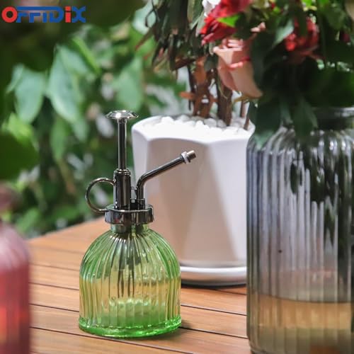 Glass Plant Mister, 6.3 Inches Tall Vintage Style Spritzer Bronze Plastic Top Pump One Hand Watering Can Indoor Plant Spray Bottle for Garden, Plants, Cleaning (Light Green) - color: F-Light Green
