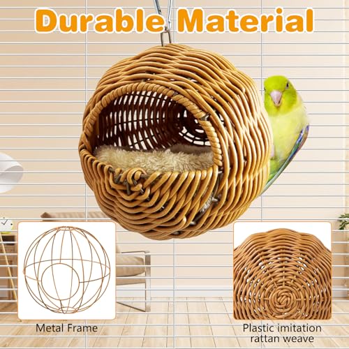 Rattan Birds Nest for Cage Hanging Parakeet House Chewproof Parrot Breeding Bed Small Budgies Hideout Swing Hut Bird Cage Accessories for Lovebirds Cockatiel Conure Finch Canary (Brown)