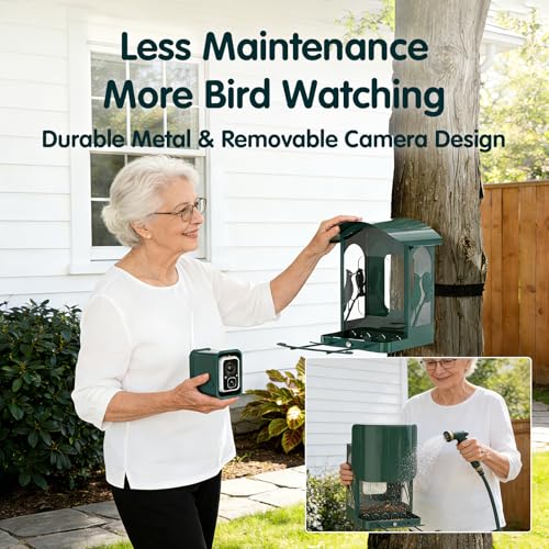 Bird Feeder with Camera, 4K Ultra HD Video with 30fps Live View, 10x Slow Motion, No Subscription, Solar Powered AI Smart Bird Feeder with Camera, 2.4G/5G Wi-Fi, Durable Metal,Bird Lover Gift