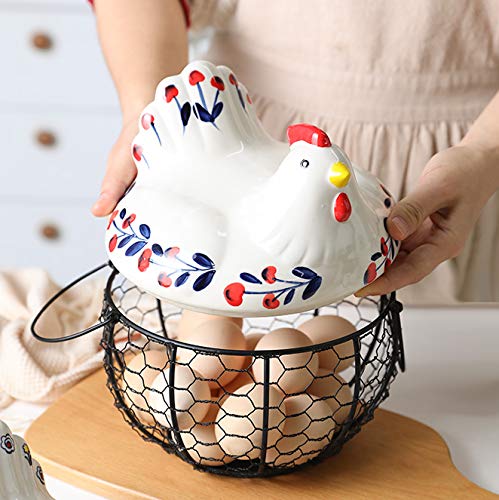 Chicken Design Ceramic Egg Storage Basket Iron Basket Holds 20-25 Eggs, Egg Holder, Organizer Case, Container Egg Basket Holder - color: cherry with black basket