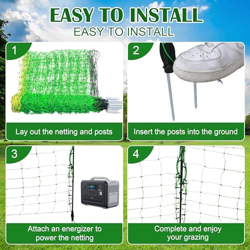 35.5"x164' Electric Fence Netting for Garden Goats Chicken | Electric Poultry Netting with Fiberglass Posts and Double-Spiked Stakes, Portable Mesh Fence for Backyards, Farms and Ranches