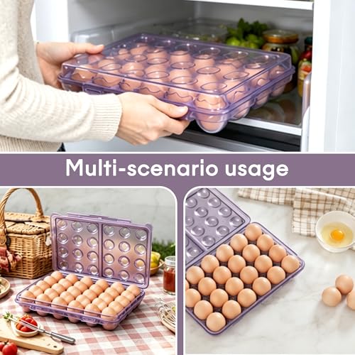 24 Grid Egg Storage Box for Refrigerator Kitchen Camping RV | Stackable BPA-Free Plastic Holder, Large Capacity Organizer With Lid, Portable Countertop Pantry Storage, Purple 1 Pack