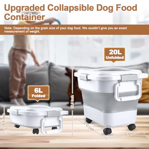 Dog Food Storage Container, 10-20 lbs Airtight Collapsible Cat Food Storage Container with Attachable Wheels, Portable Handle, Dog Food Scoop for Dog Cat Bird Pet Dry Food Storage Bin Light Grey - color: Light Grey, size: Medium