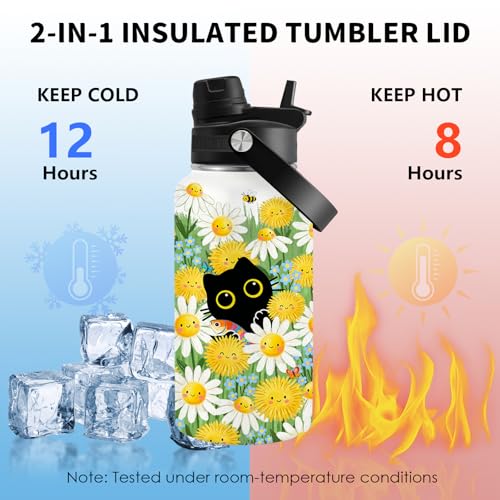 Black Cat Water Bottle 26oz with Handle Lid, Gift for Cat Lover Women | Flower Stainless Steel Insulated Tumbler with Handle & 2-in-1 Lid, Coffee Mug Insulated Travel Cup Birthday Gifts - color: BlackCat-Yellow