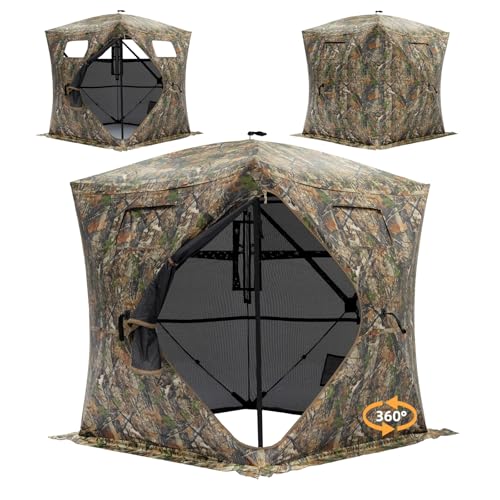 360 Degree See Through Hunting Blind, Pop Up Ground Blind | 2-3 Person & 3-4 Person Hunting Blind for Hunting Deer and Turkey, with Diamond-Shaped Door, Mud Flap and Portable Carry Bag - style: 3-4 Person 360°
