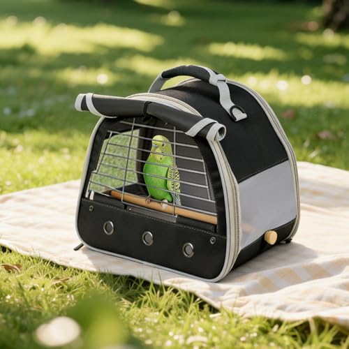 Bird Travel Carrier Cage, with Stainless Steel Metal Window and Wood Perch, Portable Bag for Cockatiel Parakeet Conure Green Cheek Budgie (Black, Steel Window) - color: Black