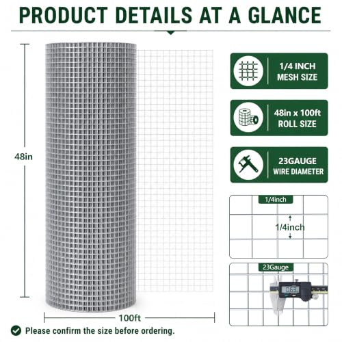 Hardware Cloth 1/4in 48inx100ft Hot Dip Galvanized 23 Gauge Chicken Wire Fencing Roll Poultry Animal Netting Cage Screen Chicken Coop Accessories Garden Plant Supports - size: 1/4'' 48'' X 100'
