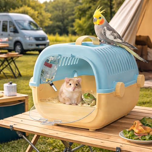 Portable Small Pet Carrier Cage, Hamster Travel Carrier with Handle and Water Bottle, Breathable Easy-Clean Carry Case for Small Animals, Hamsters, Gerbils, Mice, Birds and Small Reptiles