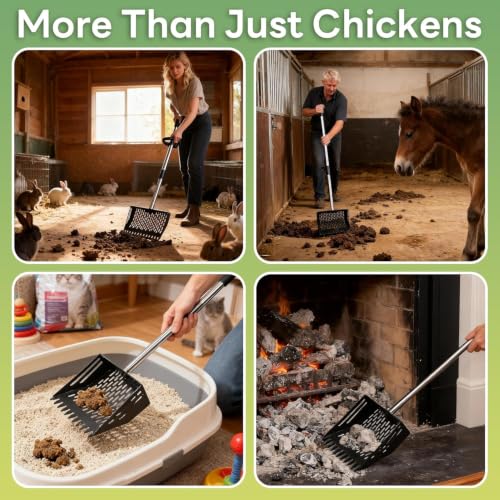 Chicken Poop Scooper & Rake 2-in-1, Adjustable 24'' to 66'' Metal Sand Sifting Shovel for Coop Cleaning, Effortless for Chicken Duck Rabbit Cages, Cat Litter, Fire Ash, Saving Time & Energy