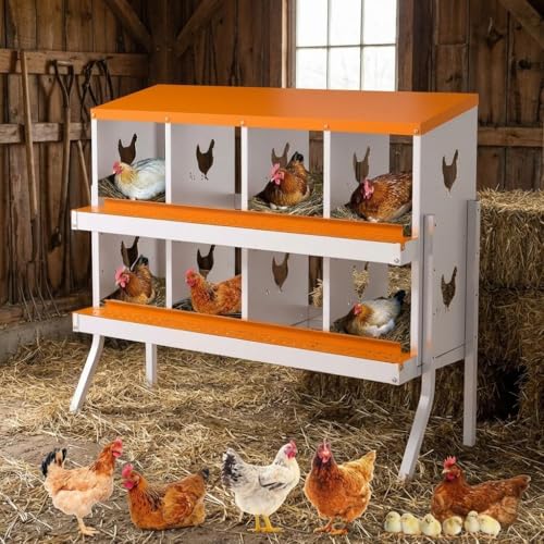 Chicken Nesting Box, 8 Compartment Galvanized Steel Chicken Laying Boxes, Heavy Duty Rustproof Chicken Coop with Easy Egg Collection for Backyard Farms - with Bracket Legs, Orange - color: orange