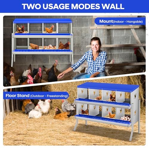 GarveeLife Chicken Nesting Box, 8 Compartments Nesting Box for Chickens, Two-Tier Galvanized Steel Chicken Egg Laying Box with Large Vented Holes Wall Mounting for Easy Egg Collection - color: Blue | 8 Compartments