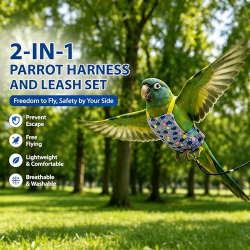 Parrot Flight Suit with Elastic Leash, 2-in-1 Vest & Traction Set, Quick-Release Design, 2 Colors (Blue Heart/Black Heart), Polyester, 7.48x7.87in, for Budgie Cockatiel Lovebird (Black Heart) - color: Black Heart