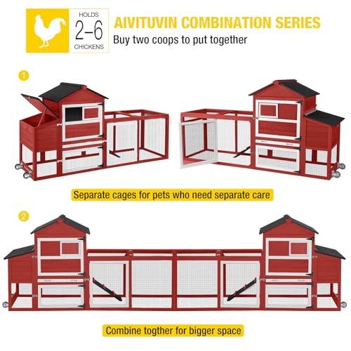 Aivituvin Mobile Chicken Coop with Wheels for 4-6 Chickens, Backyard Expandable Chicken House Duck Cage with Run, 2 Nesting Boxes, Easy Clean Pull-Out Tray, Leak-Resistant Asphalt Roof, 82.4"(Red) - color: Red, size: 82.4"L x 26.0"W x 44.0"H