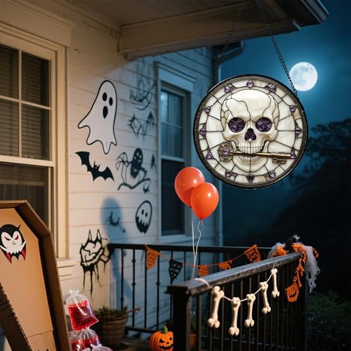 Stained Glass Window Hanging - Halloween Scary Skull Suncatcher for Doors Garden Home Spooky Purple Skeleton Key Sun Catchers Gothic Decor Horror Gifts for Women Men Friend Boy Girl 6.3 in - color: Purple and White, size: 6.3x6.3 IN