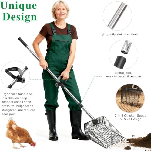 Chicken Poop Scooper & Rake 2-in-1, 25" to 67" | Large Metal Stainless Steel, Chicken Litter Scoop with Handle, Farm Pet Waste Cleaning, Sifting Litter Shovel - size: 11.8"L x 9.5"W x 3.5"H