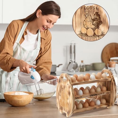 Egg Holder Countertop, 3 Tier /36 Hole Wooden Fresh Egg Storage Holder, Wood Collecting Tray Racks Engraved Farm Panel Rustic Farmhouse Organizer with Handle for Kitchen Easter Display Store