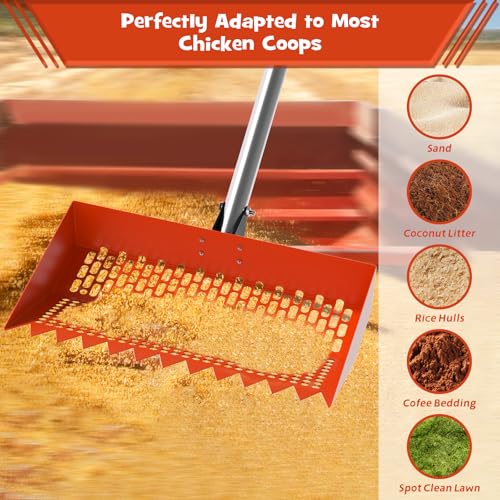 Chicken Poop Scooper & Rake 2-in-1 – 12 Inch Shovel Head & 3-Angle Adjustable 304 Stainless Steel Handle, Chicken Litter Scoop and Coop Rake & Sand Sifting Shovel for Chicken Coops, Orange - color: Orange