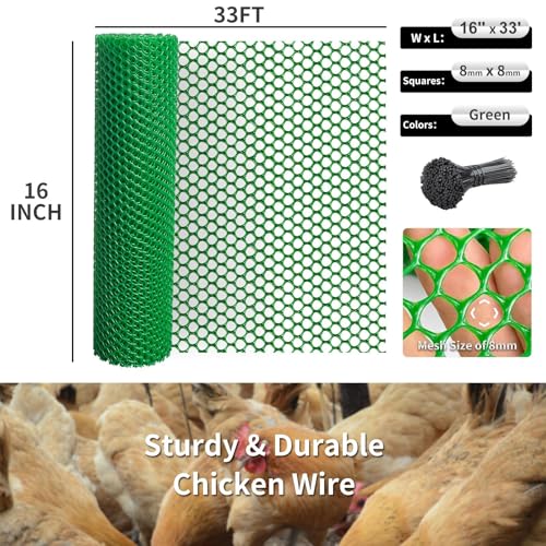 Plastic Wire Mesh Fence 16in x 33Ft Plastic Chicken Wire Mesh for Poultry, Dogs, Rabbit, Snake Barrier & Gardening Versatile Plastic Fencing (16in x 33Ft, Green) - color: Green, size: 16in x 33Ft