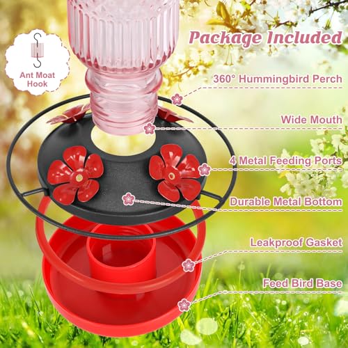 Glass Hummingbird Feeder for Outdoors Hanging, 16 oz Leak-Proof Nectar Feeder with Bee Guards & Ant Moat, 4 Metal Flower Feeding Ports, 360° Perch Ring, Easy Refill & Clean, Pink - color: Pink