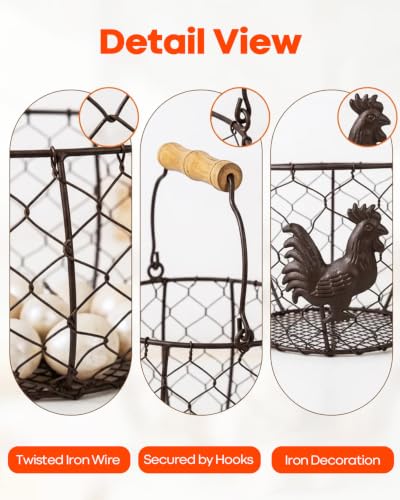 2 Pcs Metal Wire Egg Basket, Round Iron Canasta para Huevos with Wooden Handle, Sturdy Small Egg Basket for Gathering Fresh Eggs, Storing Fruit, Vegetables. Ideal for Farmhouse Kitchen Storage