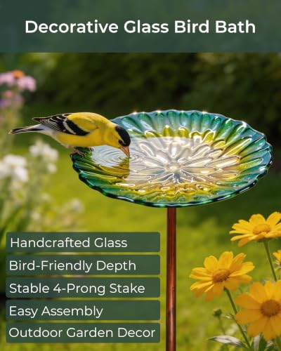 Glass Bird Bath Small Birdbath for Garden Decor, Yellow | 10.6" Bowl, 26" Height 4-Prong Stable Stake Easy to Clean Outdoor Bath or Feeder for Hummingbirds & Small Birds, Handcrafted