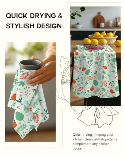 150GSM Flour Sack Kitchen Towels Set of 2, Green Leaf Fruit | 18"x26", Lightweight, Lint-Free, Pure Cotton, Decorative, with Hanging Loop, Absorbent, Softer after Wash, Giftable Package - color: Green Leaf Fruit