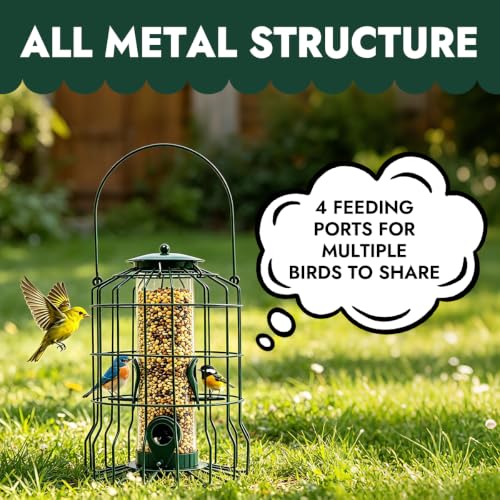 Squirrel Proof Bird Feeder, Metal Caged Outdoor Hanging Seed Feeder with Rainproof Cover & 4 Feeding Ports, Chew Proof Weather Resistant Easy Clean Garden Yard Feeder for Small Wild Birds