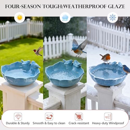 Glazed Ceramic Bird Bath Bowl Outdoor, 10.1" Dia, UV/Frost-Resistant | Ground Birdbath and Feeders for Outside, Table Top Bird Baths, Garden Patio Yard Decor, Easy to Maintain, with Texture, Blue - color: Blue