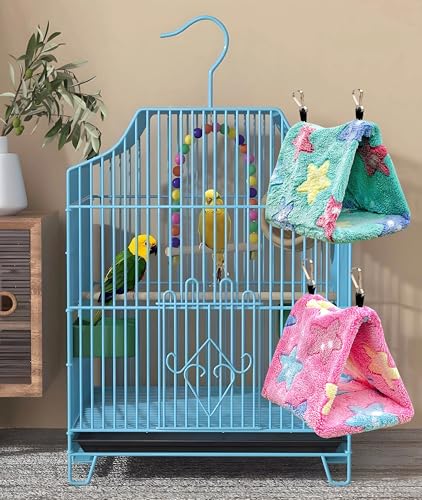 2 Pack Warm Bird Nest Plush Snuggle Bird Hammock Hanging Bird Cave Parrot Sleeping Bed Shed Hut Hanging Tent for Budgies Finch Parakeet Cockatiel Cockatoo Lovebird-Star Pattern (Pink&Green) - color: Pink&Green(Star)