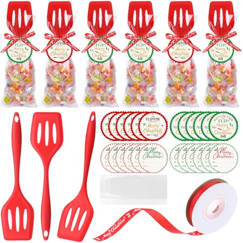 Reallnaive 24 Pack Christmas Silicone Turner Spatulas Heat Resistant | Christmas Cooking Utensils Gifts Set, Slotted Design for Draining, 24 Transparent Plastic Bags, 24 Round Cards, Ribbon