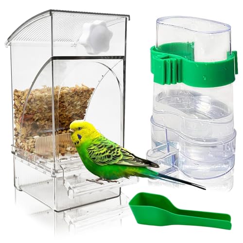 Hamiledyi No Mess Bird Feeders Water Dispenser Set Automatic Parakeet Cage Feeder with Perch Transparent Acrylic Container Parrot Cage Accessories for Canary Budgie Lovebirds Finches - color: Feeder + Drinking Bottle