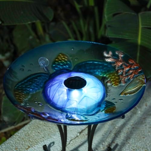 MUMTOP Outdoor Bird Bath Solar Glass Birdbath with Metal Stand Garden Decor | 18" Diameter 21.65" Height Solar Turtle Bird Baths for Lawn Yard Garden Decor, Solar Large Glass BirdBaths Bird Feeder - color: Blue