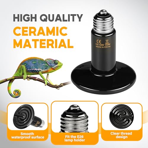 HealSmart 150W Reptile Heat Lamp Ceramic Heat Emitter, No Light Emitting Heat Bulbs, Suitable for Snake/Lizard/Spider, Plant Growth and Incubating Chicken, 2-Pack - size: 150 Watts, style: D-75mm (2.95")