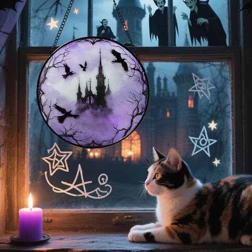 Stained Glass Window Hanging - Halloween Gothic Castle Purple Smoke Suncatcher for Doors Garden Home Spooky Crow Sun Catchers Gothic Decor Horror Gift for Women Men Friend Boy Girl 11.8 in - color: Purple and Black, size: 11.8x11.8 IN