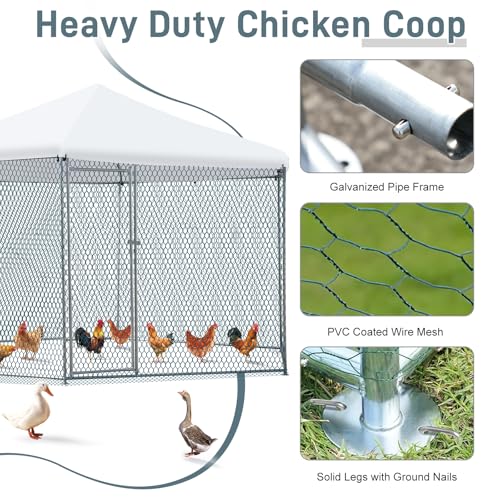 Outvita Large Metal Chicken Coop, Chicken Run, 3 x 11.4 x 8.6FT | Waterproof Cover, Heavy Duty Steel Frame, Large Poultry Cage for Dog Kennel, Duck Coop and Hen House - color: Silver, size: 156.0"L x 136.8"W x 103.2"H