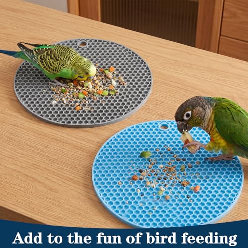2 PCS Bird Foraging Toys, Soft Bird Slow Feeder Mats, Interactive Foraging Mats for Parakeet, Cockatiel, and Small Birds, Birds Enrichment Toys to Increase Feeding Time (Blue & Grey)