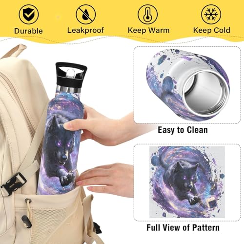 Wolf Water Bottles for Boys Starry Sky Leakproof Insulated Flask Jug Insulated Stainless Steel Travel Mugs Thermos Bottle Cups with Straw Lid for Sport 600ml - color: black wolf running
