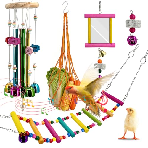 6 PCS Chicken Toys, Multi-Color Poultry Wind Chime, Slide, Mirror with Jingling Accessory and Hanging Vegetable Fruit Feeder for Hens, Birds, Parrots and Other Poultry