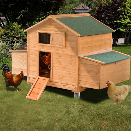Large Chicken Coop with Wheels, Waterproof Outdoor Hen House for 6-8 Chickens, Movable Chicken House with Two Nesting Box, Removable Tray, PVC Cover, Wooden Duck Coop Rabbit Hutch - size: 60.2"L x 32.6"W x 57.8"H