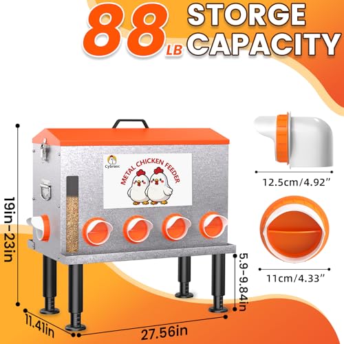 16-Gal Metal Automatic Chicken Feeder with No-Waste Feeding Tray | 88LB Capacity, 8 Feeding Ports, Rust-Proof Alloy Steel, Clear Viewing Window, Height-Adjustable Legs for Chicken Coops - color: Orange, size: 16GAL-88LB